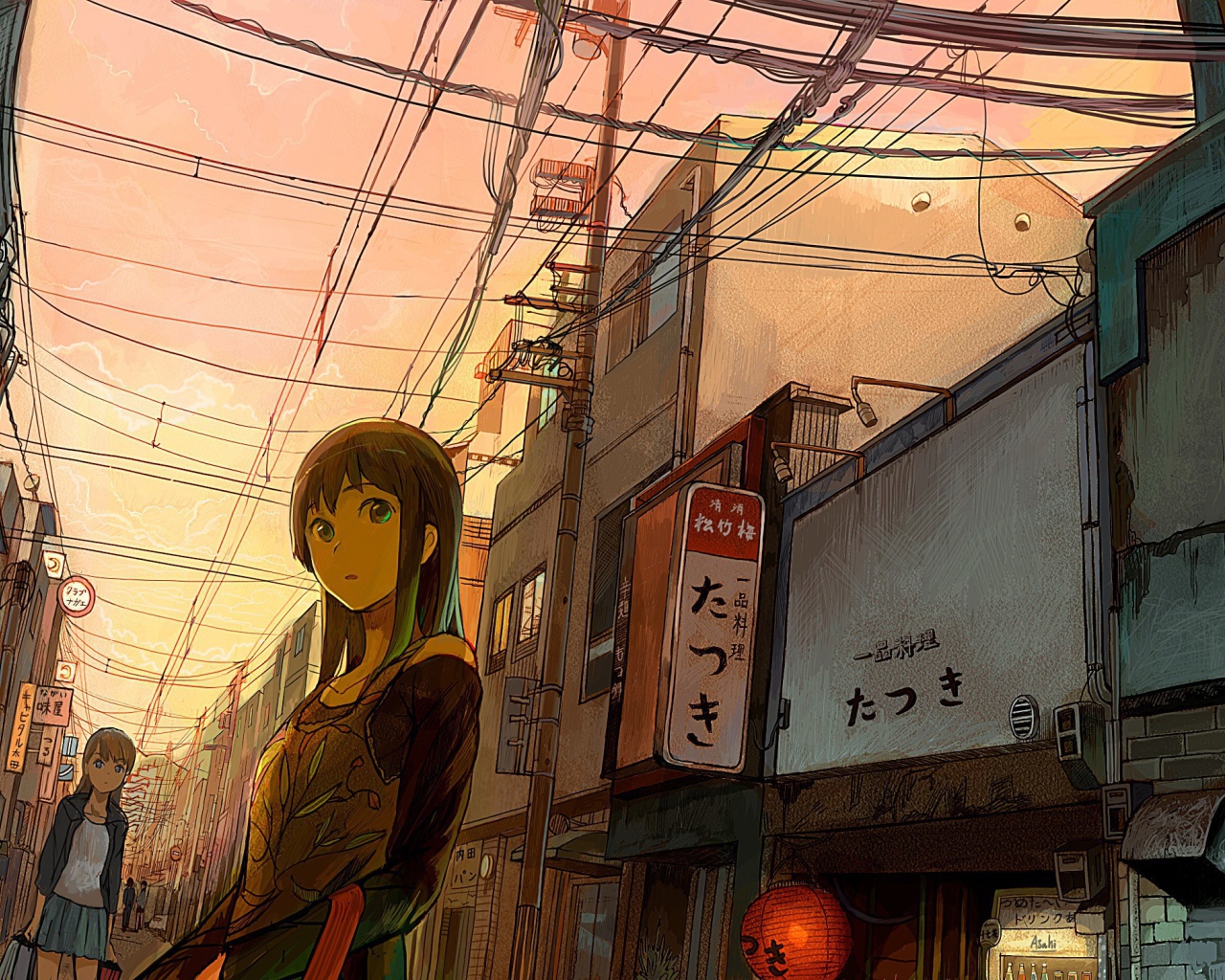 Девушка аниме гуляет по городу