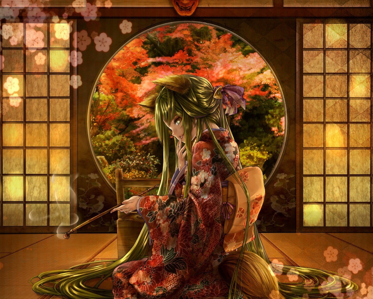 Аниме девушка с горящей бамбуковой палочкой