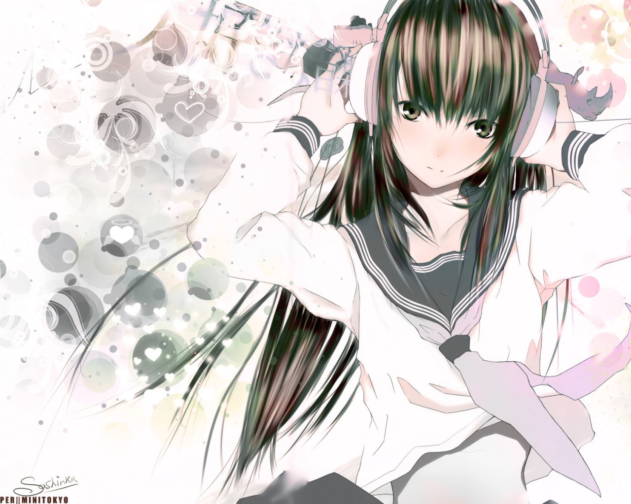 Аниме девушка в наушниках и школьной форме