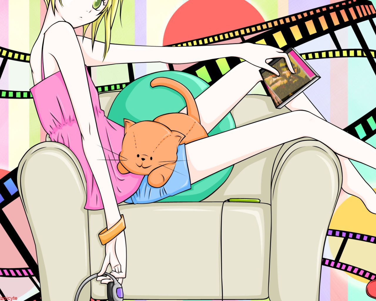 Девушка аниме с рыжим котом на коленях