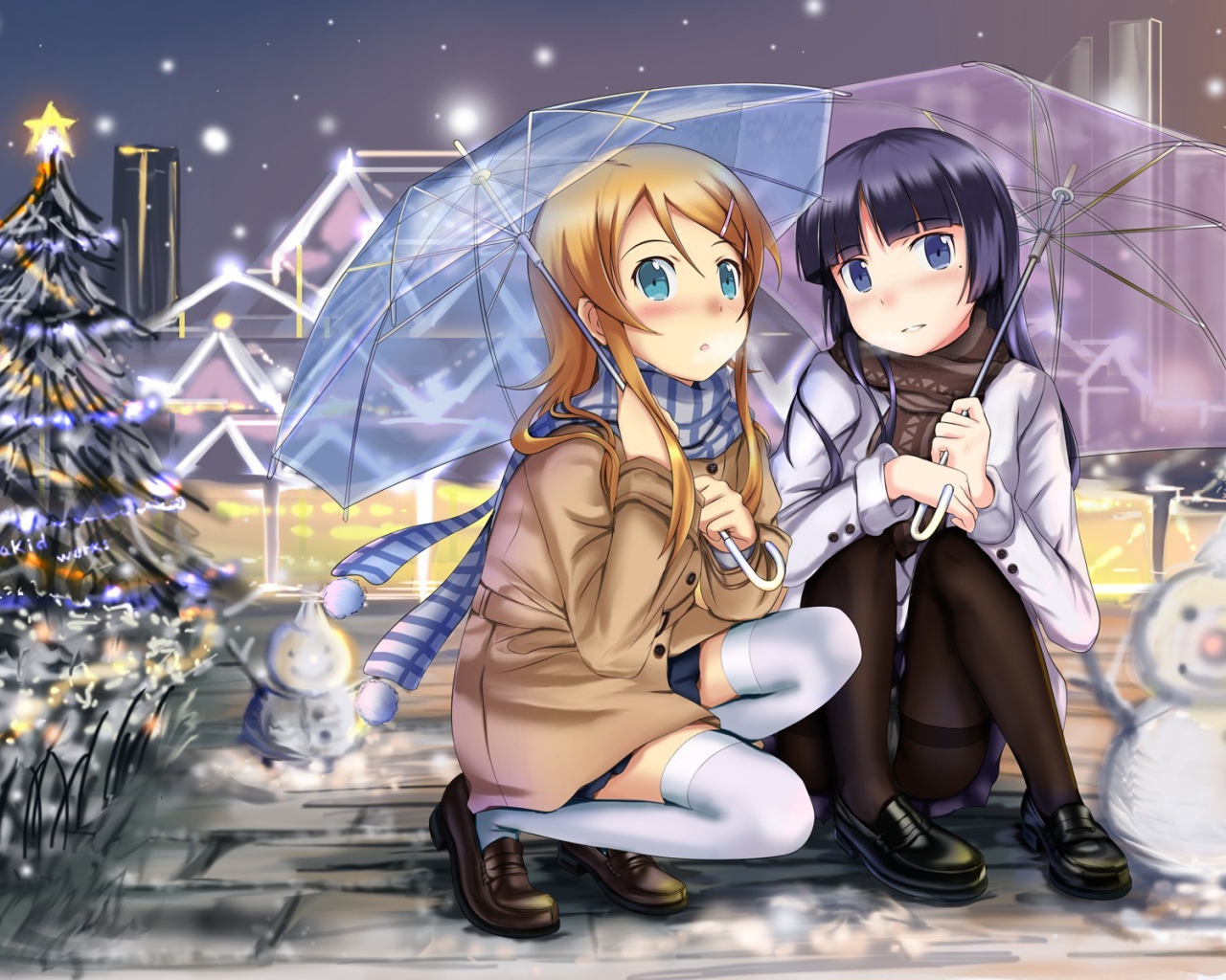 Девочки аниме под прозрачными зонтиками