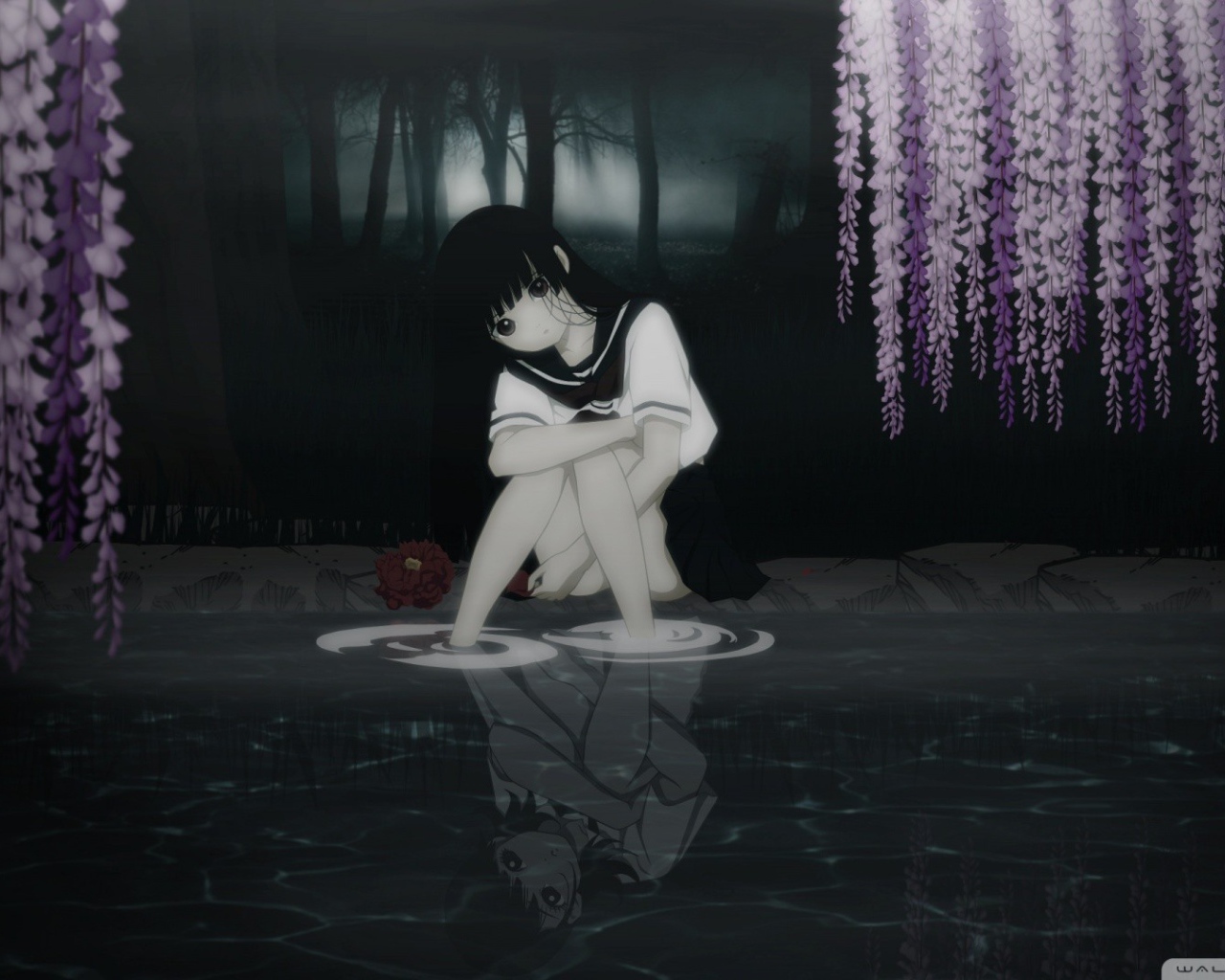 Девушка аниме грустит у воды