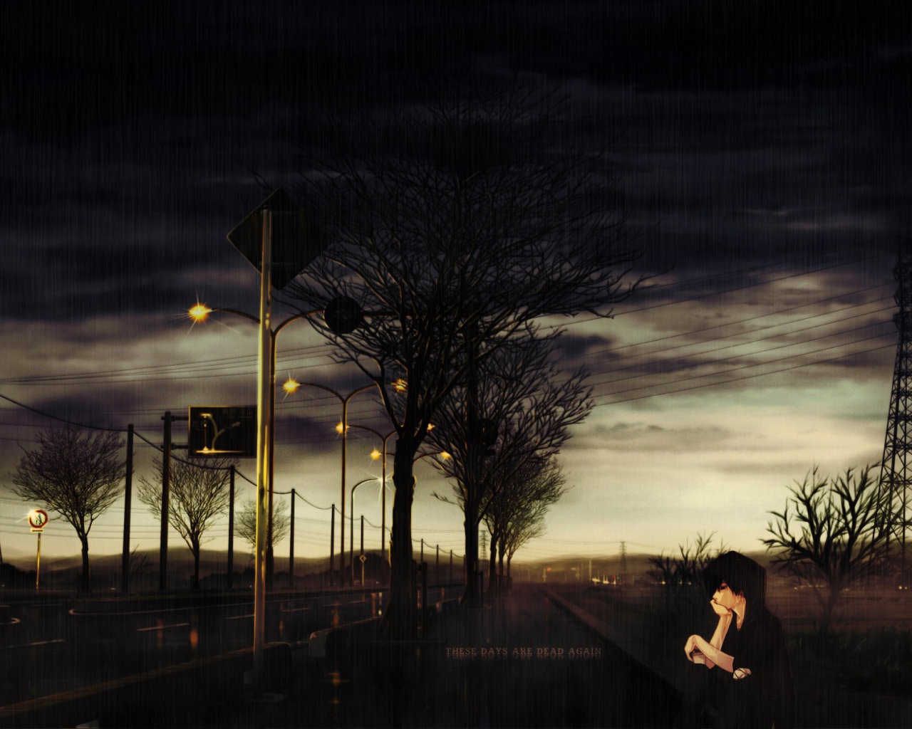 Парень аниме грустит у дороги под дождем