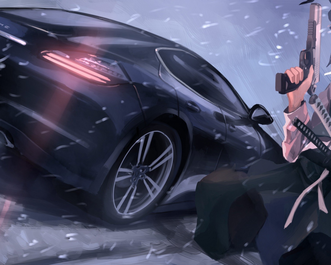 Вооруженный персонаж аниме и Porsche Panamera