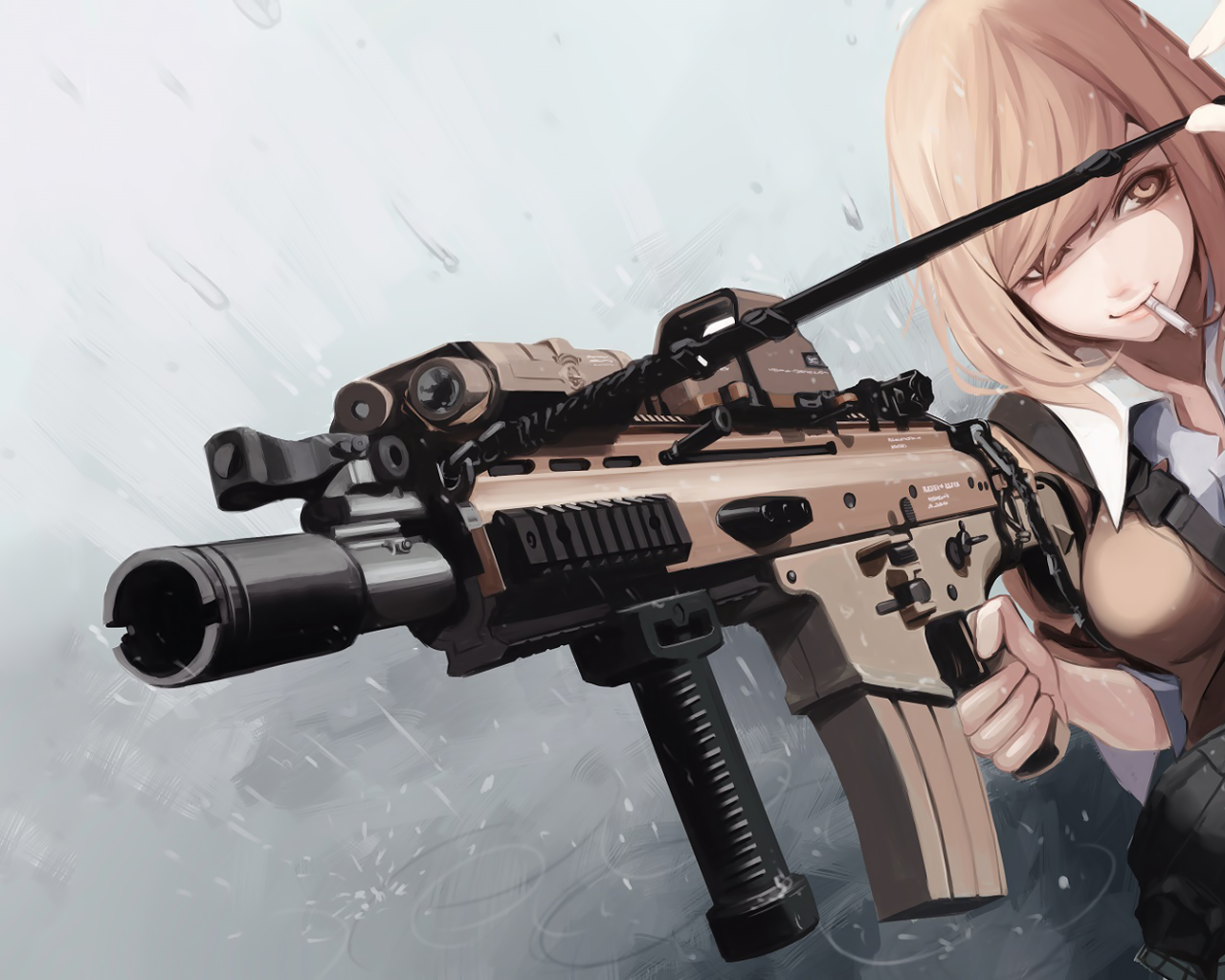 Автоматическая винтовка в руках девушки аниме
