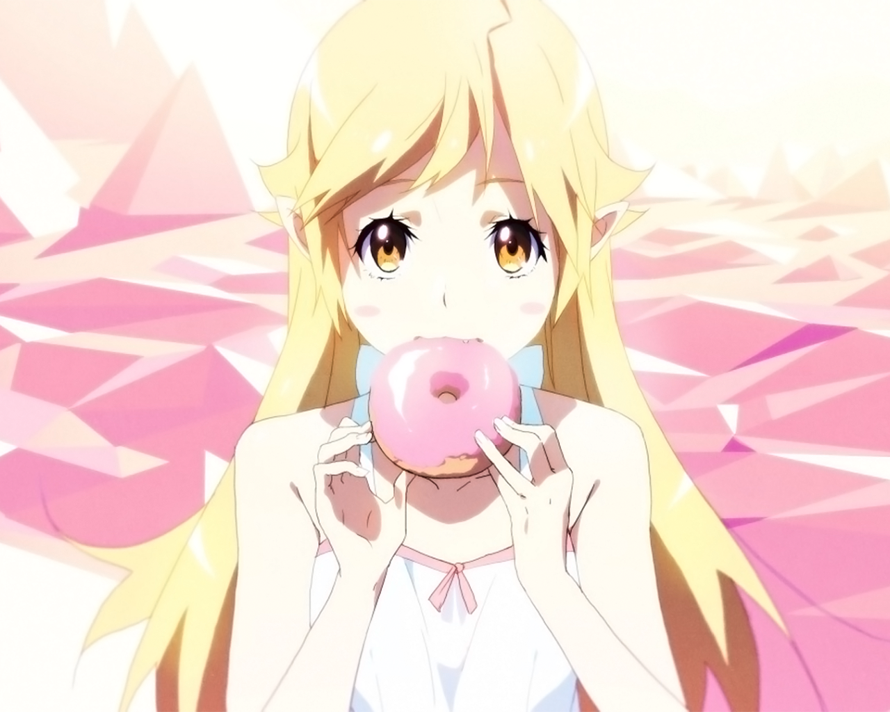 Светловолосая девушка аниме ест розовый пончик