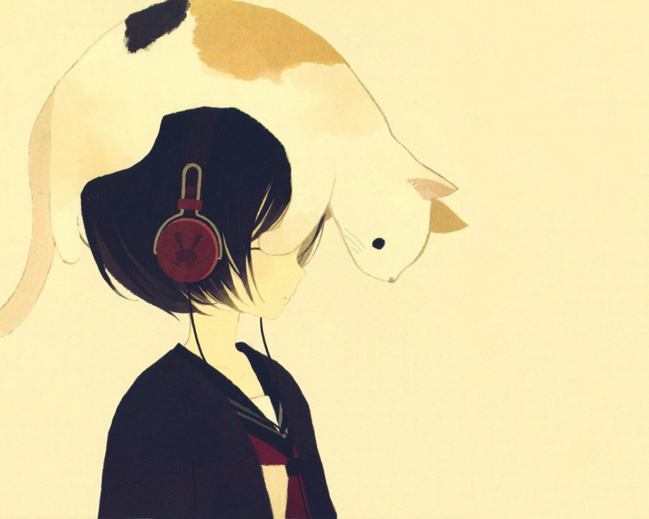 Кот на голове девушки аниме