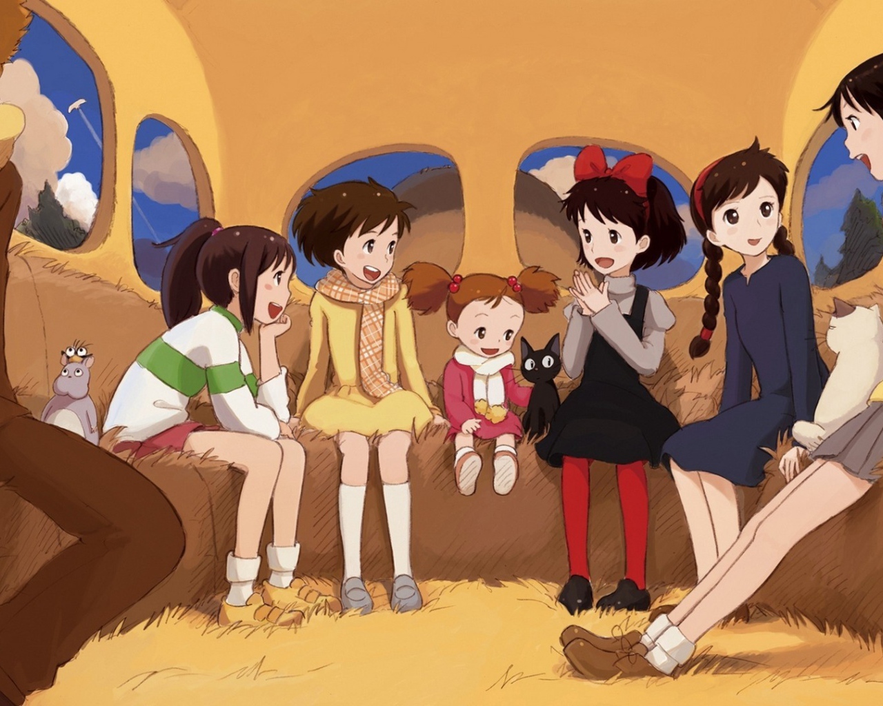 Дети в автобусе в аниме Ведьмина служба доставки