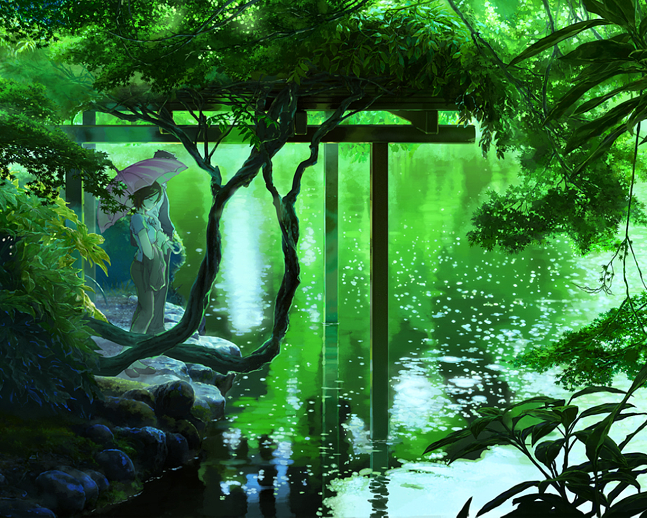 Пара под зонтом на берегу озера