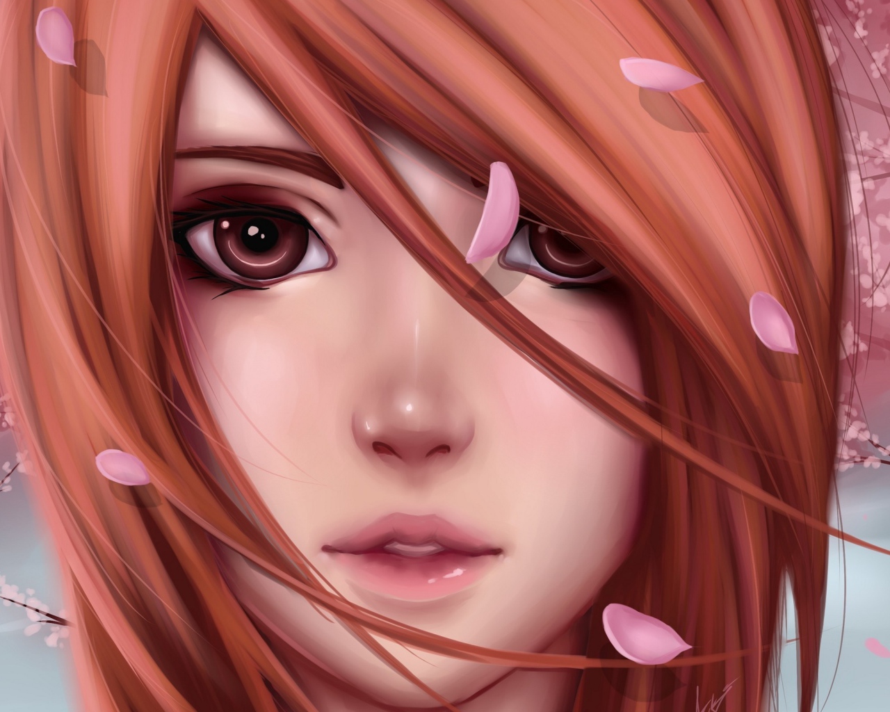 Лицо девушки аниме в лепестках сакуры