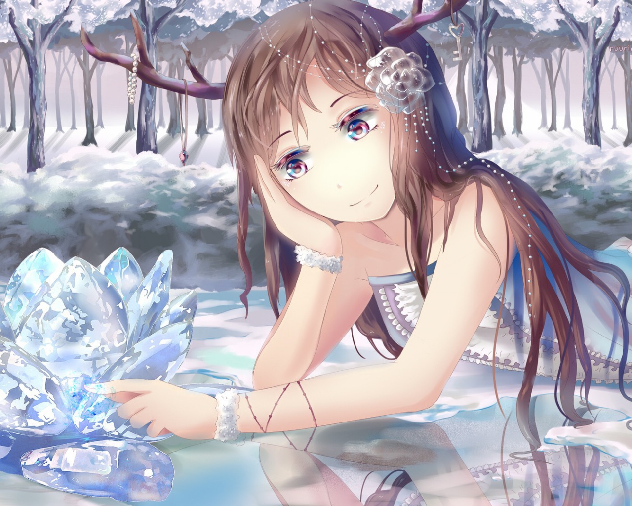 Фея аниме грустит над кристальным цветком