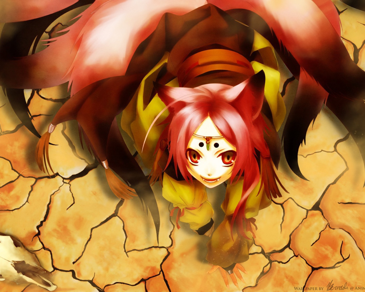 Девушка лиса на сухой земле, аниме