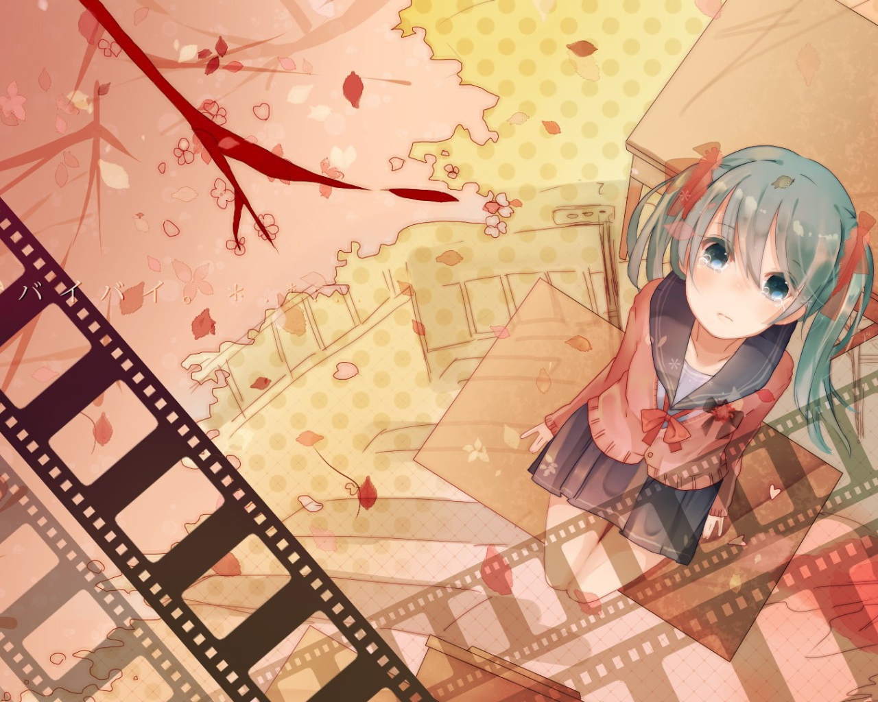 Девочка аниме Hatsune Miku на фоне кинопленки