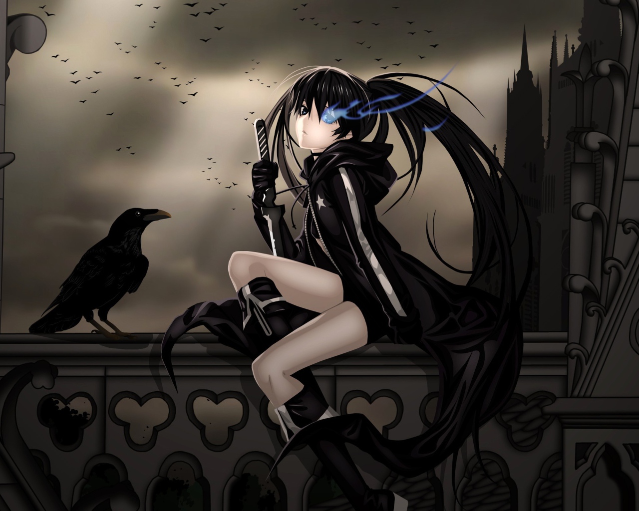 Девушка и ворон в аниме Insane Black Rock Shooter