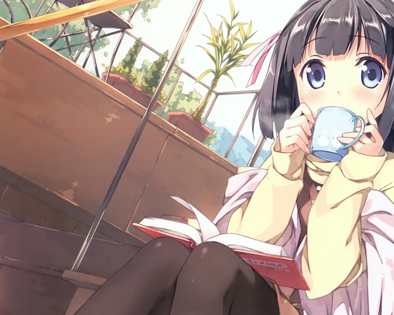 Девушка пьет чай в аниме Одному лишь Богу ведомый мир