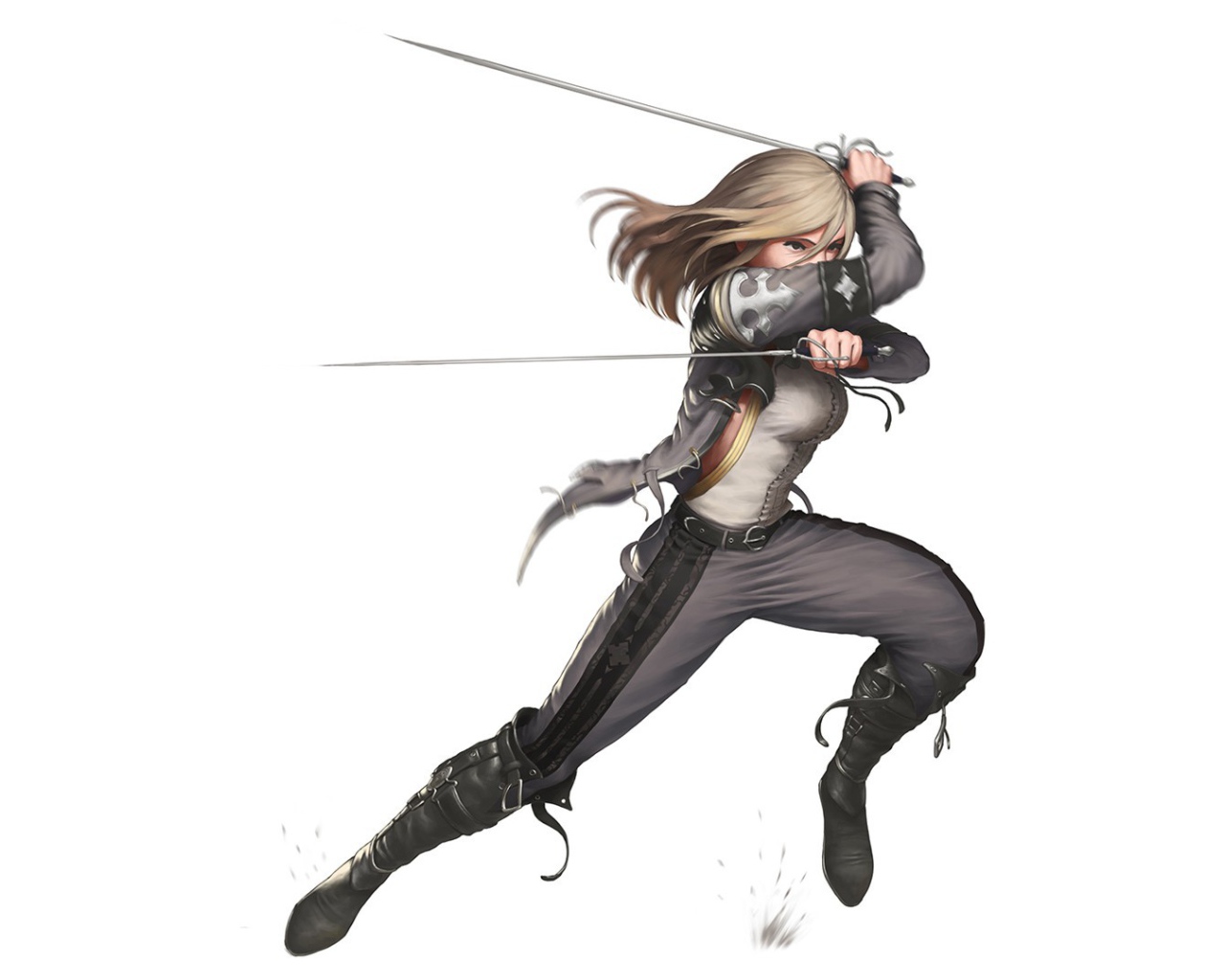 Девушка фехтует рапирами на белом фоне, аниме