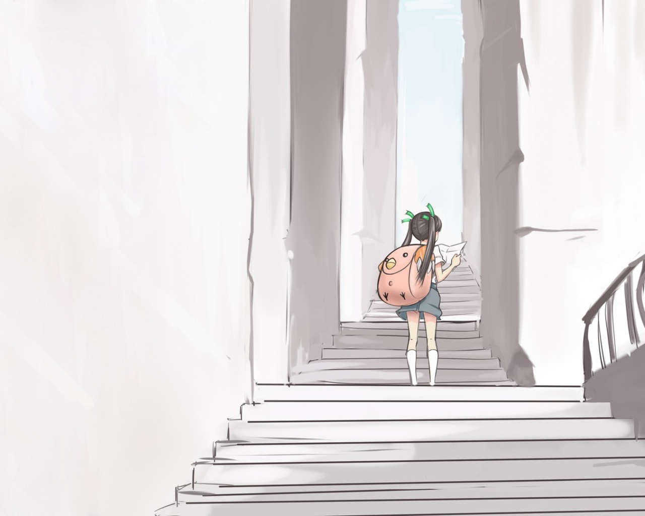 Девушка идет по лестнице аниме