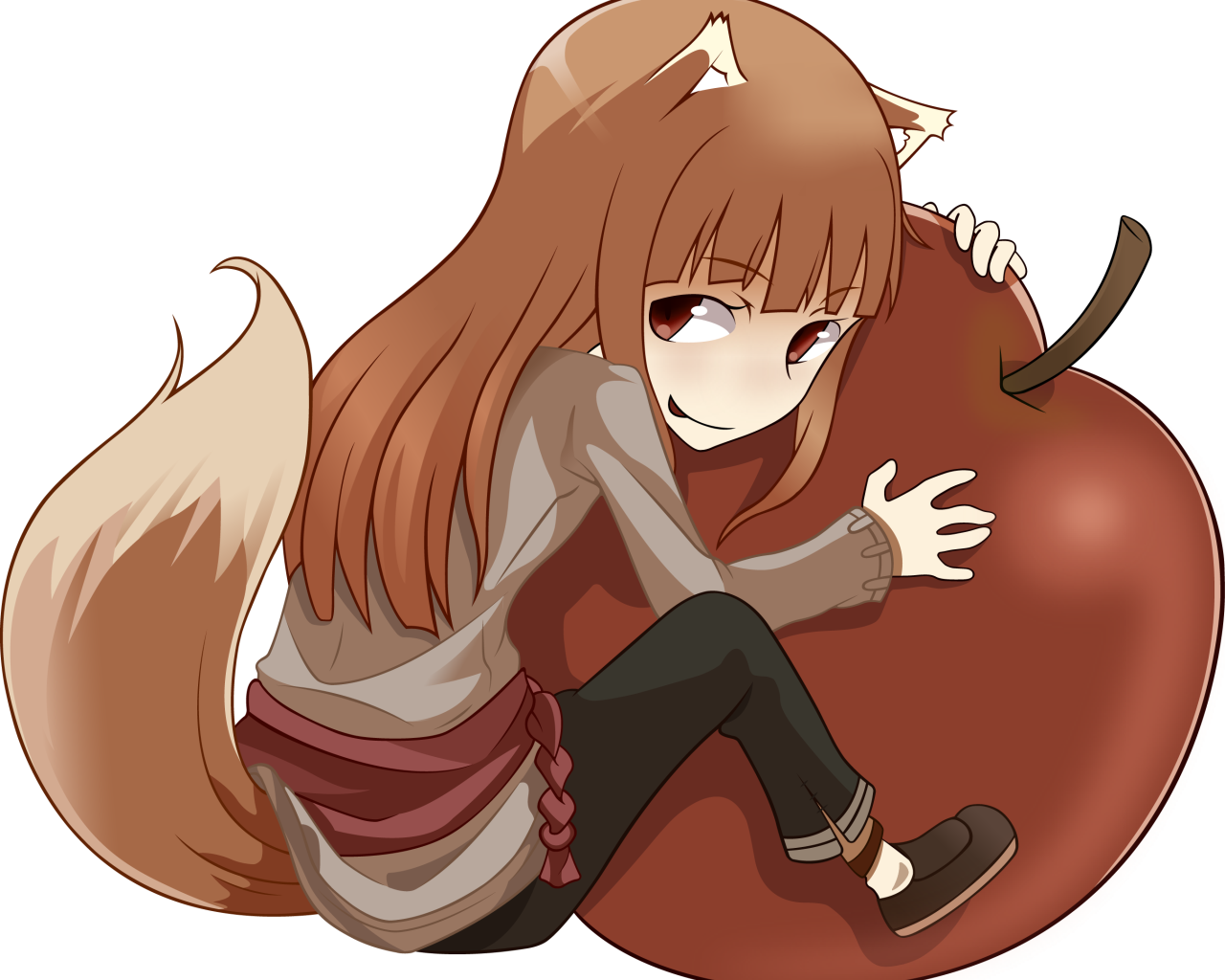 Девушка обнимает яблоко в аниме Волчица и пряности