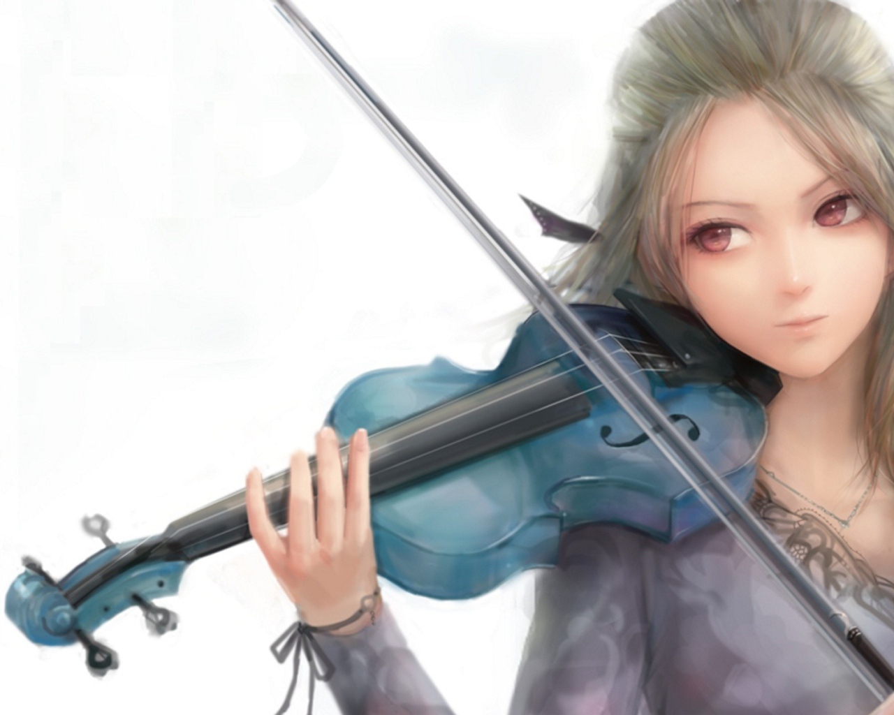 Девушка играет на голубой скрипке, рисунок