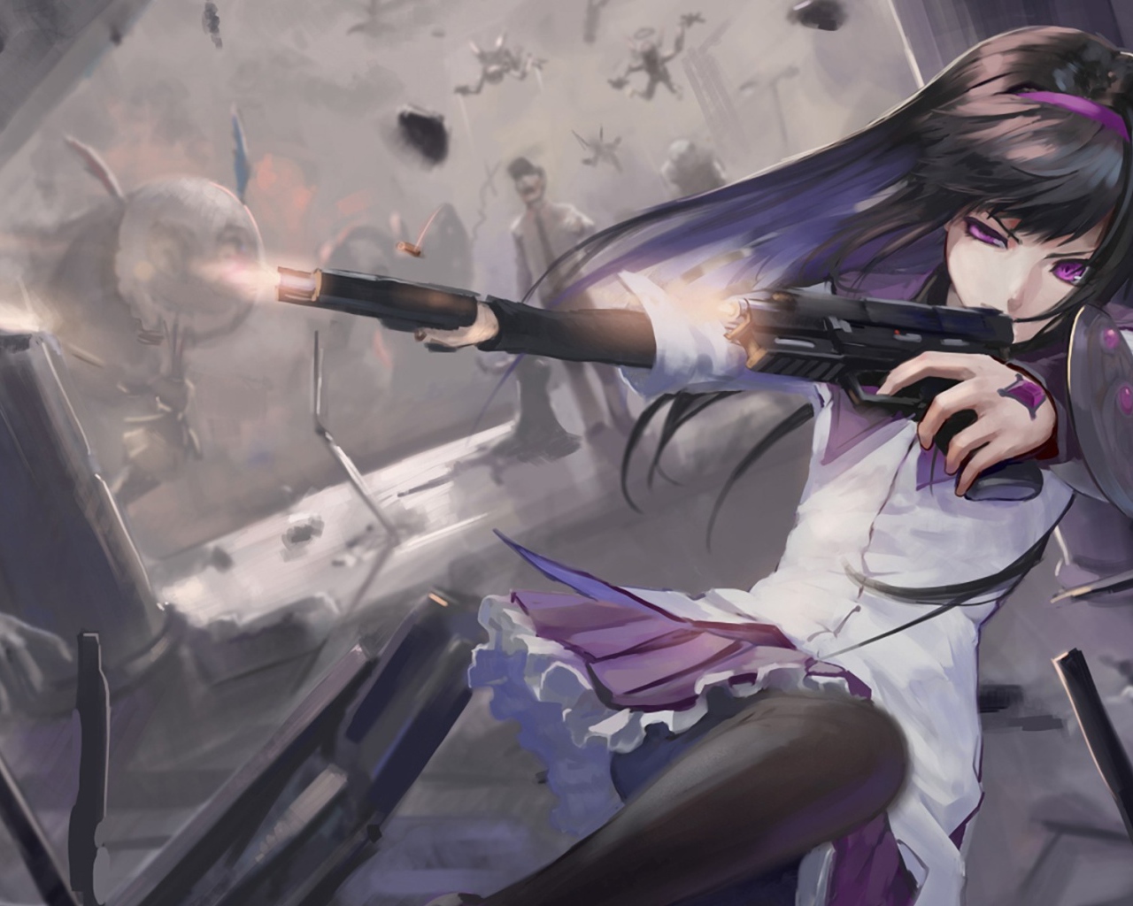 Девушка стреляет из пистолетов, аниме Девочка-волшебница Мадока