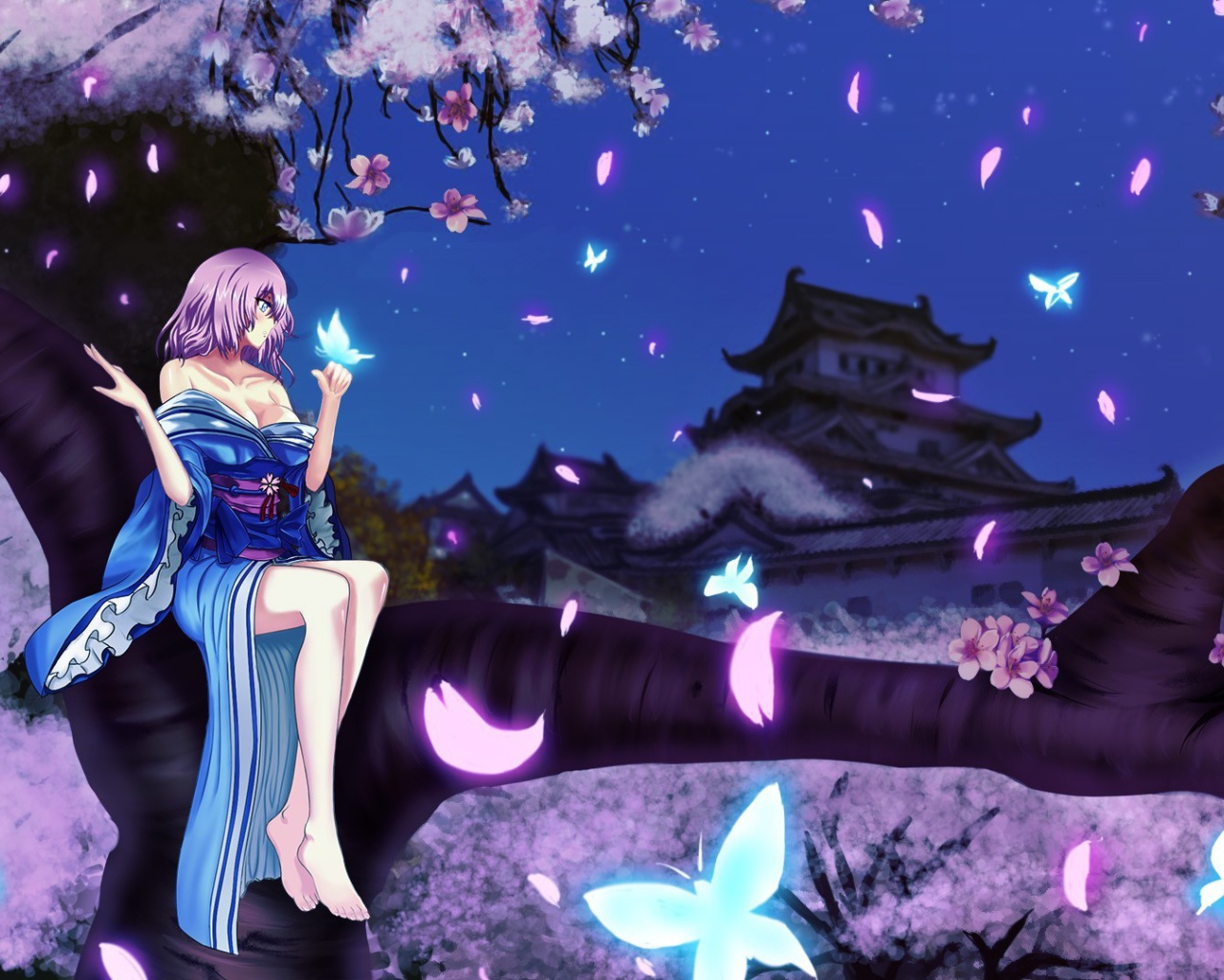 Девушка сидит на дереве в аниме Saigyouji Yuyuko