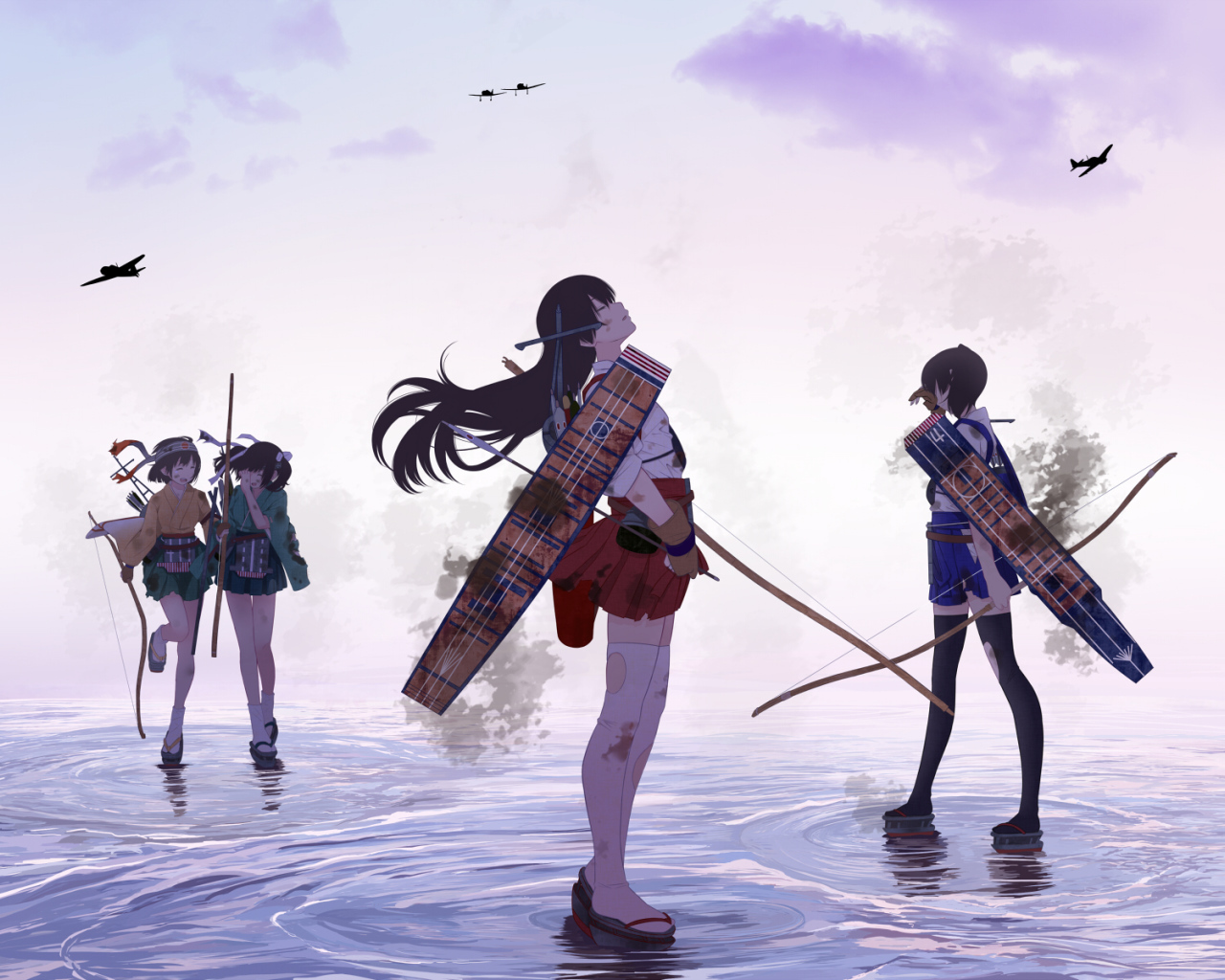 Девушки идут по воде в аниме Kantai Collection