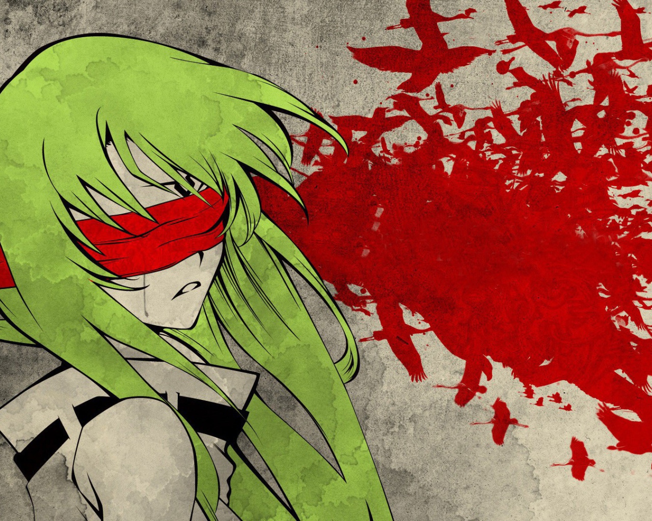 Зеленоволосая девушка с красной повязкой на глазах, аниме Code Geass