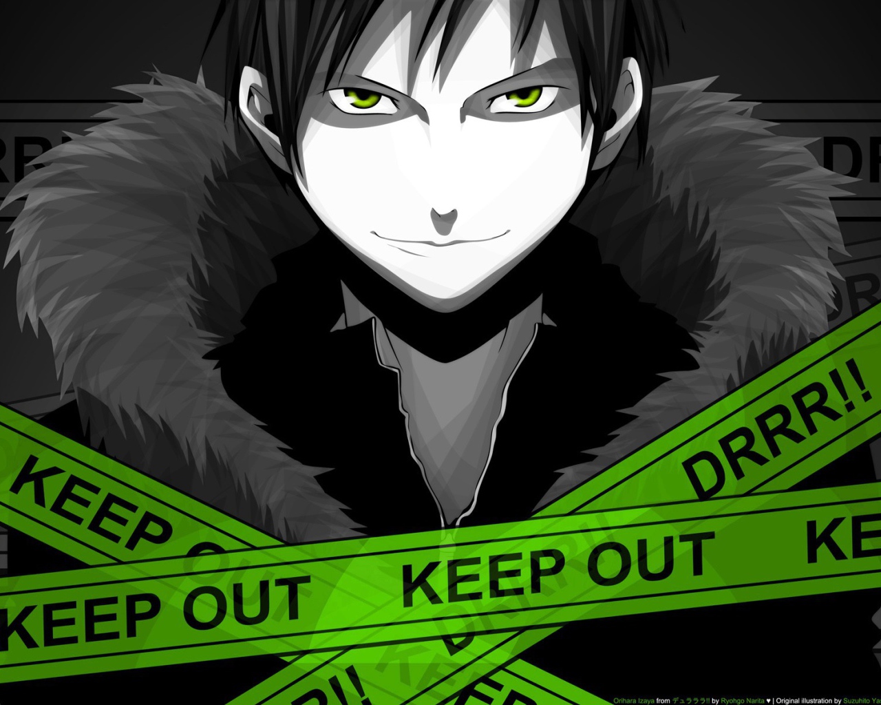 Герой аниме Дюрарара!! позади полицейских ленточек