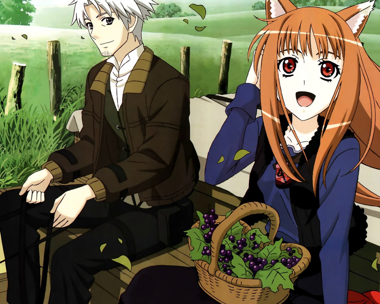 Влюбленная пара сидит на скамье в аниме Волчица и пряности