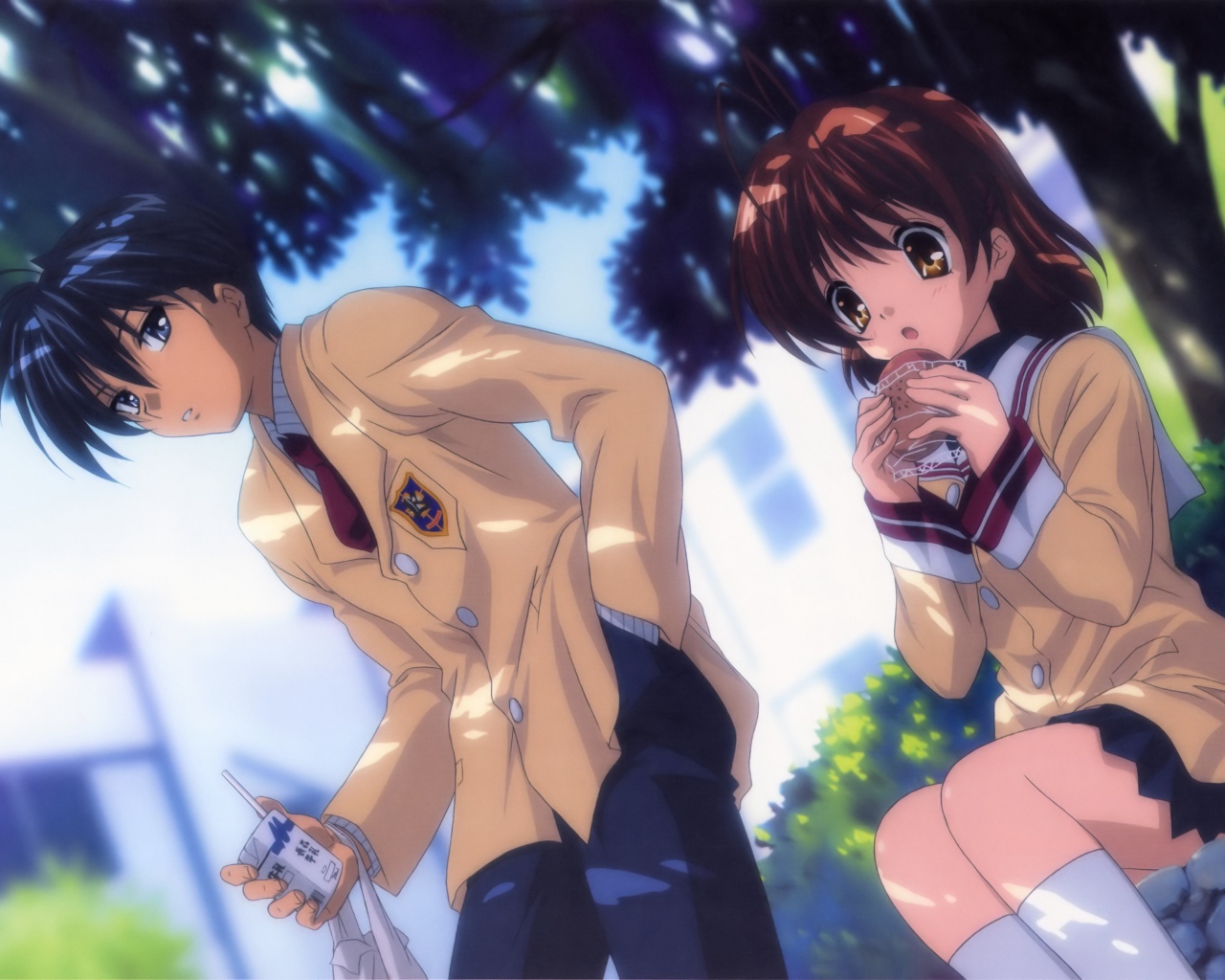 Парень и девушка под деревом в аниме Кланнад