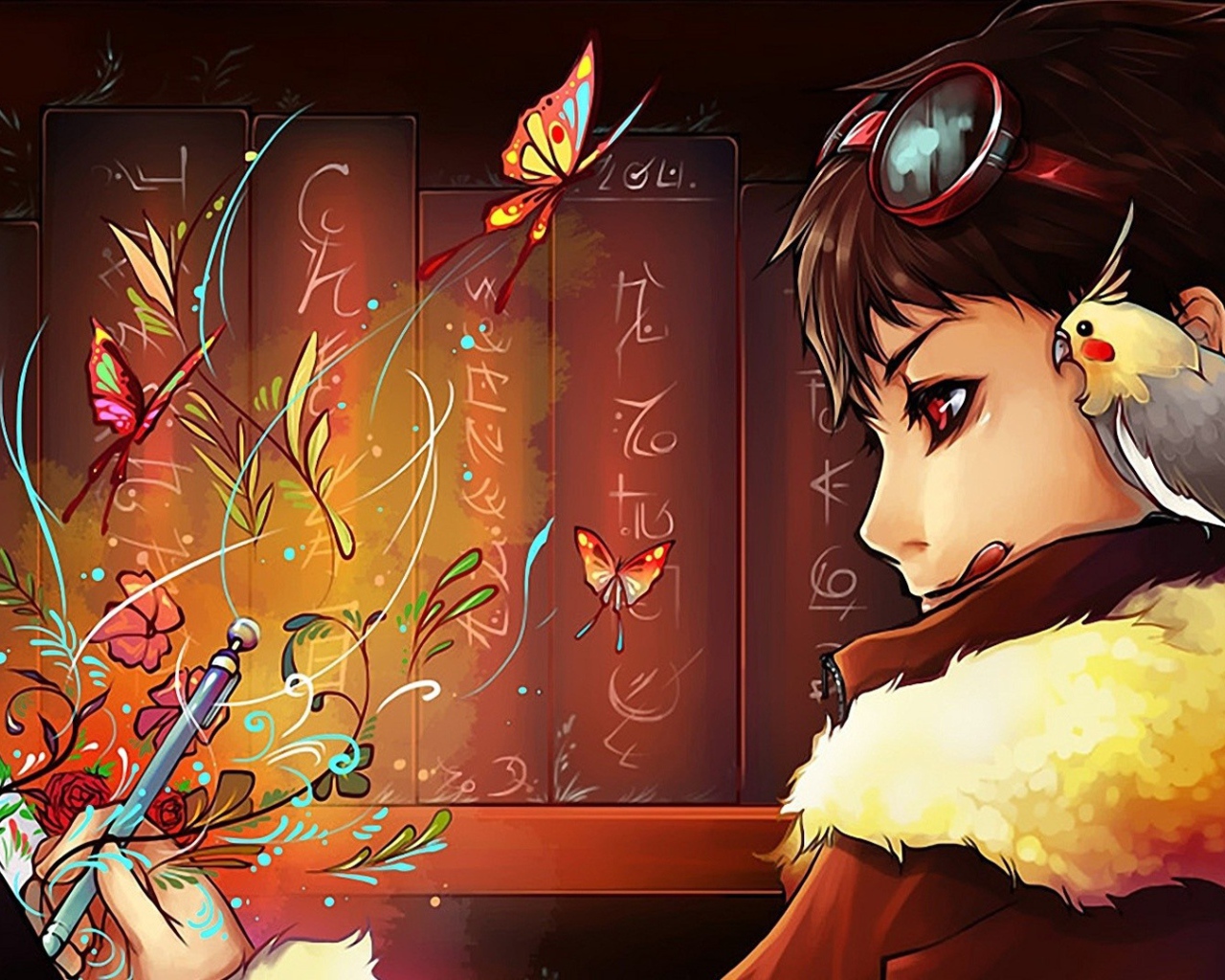 Попугай на плече аниме девушки