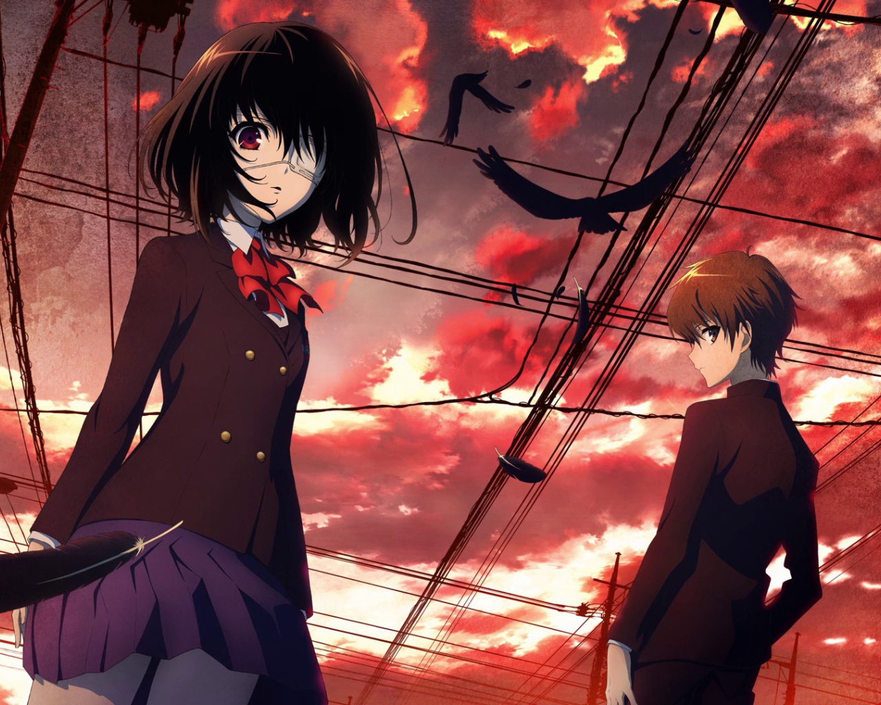 Люди под красными облаками в аниме Another
