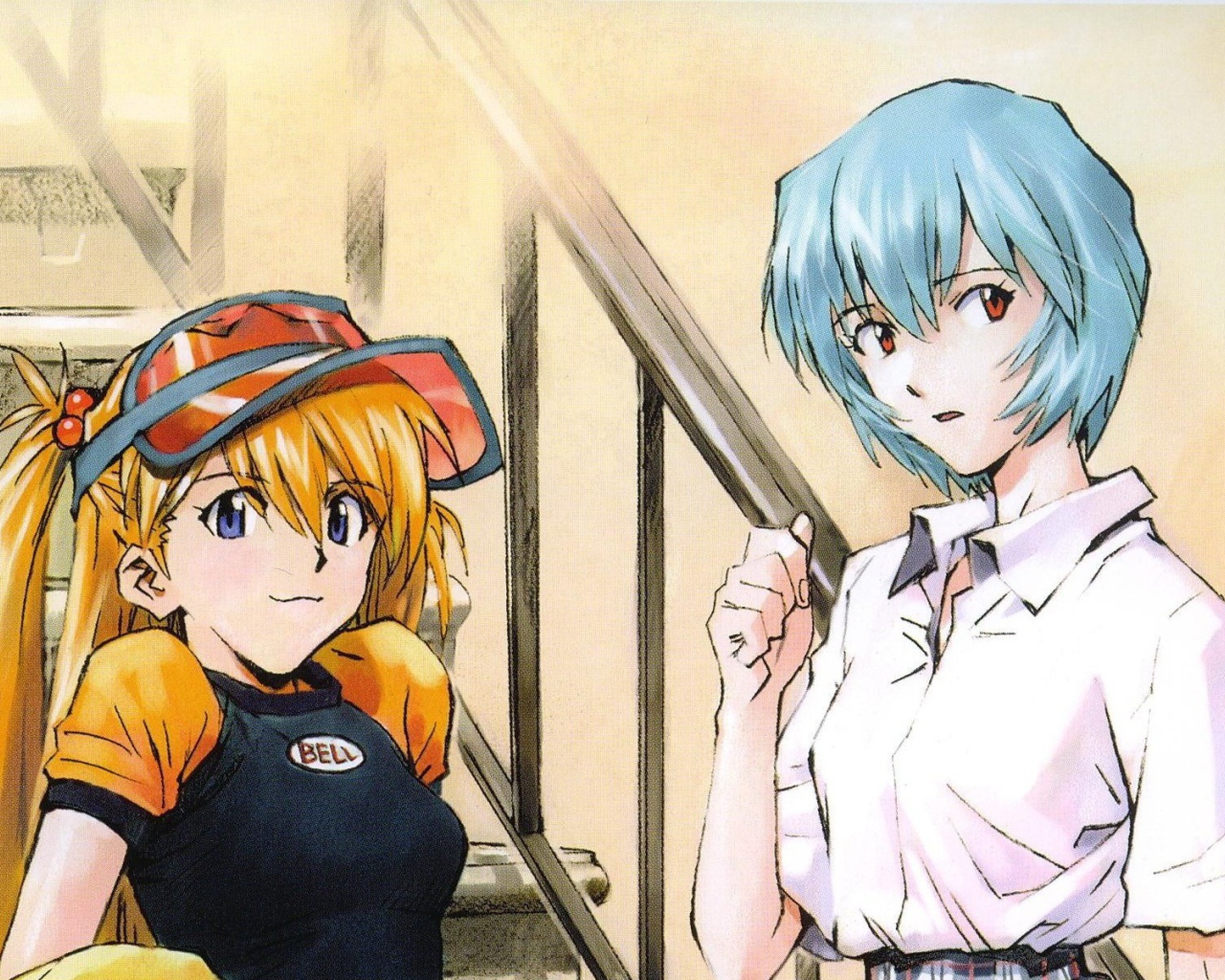 Рыжая девушка и парень из аниме Neon Genesis Evangelion