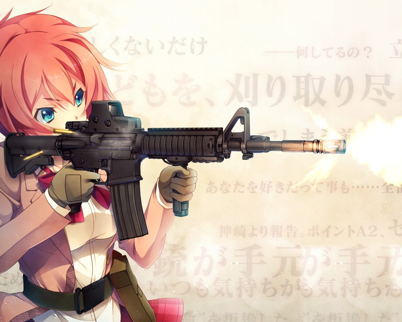 Рыжая девушка аниме с автоматической винтовкой