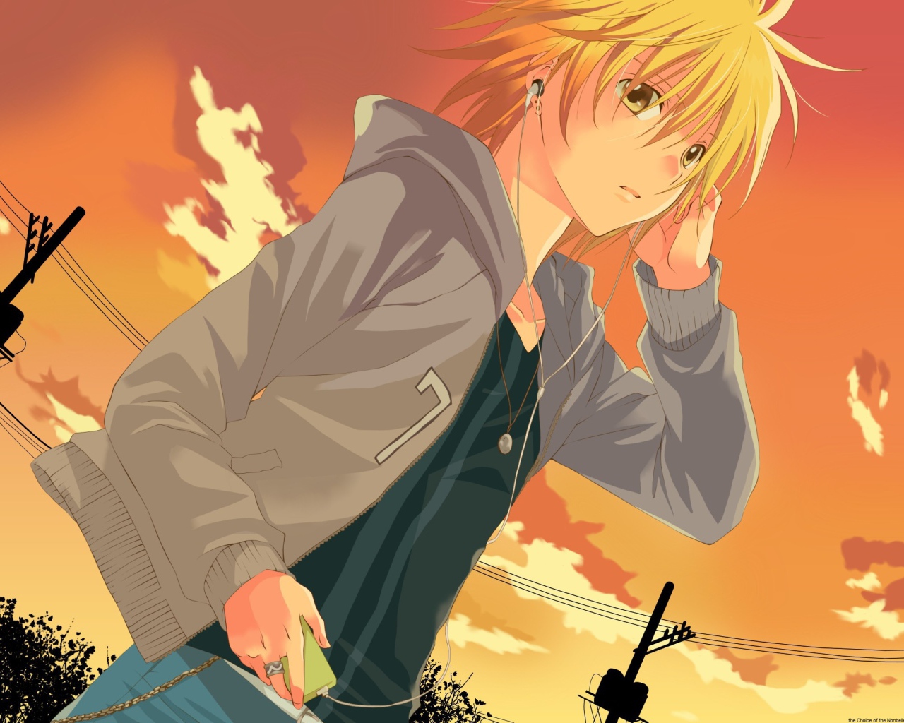 Рыжая девушка аниме на фоне неба