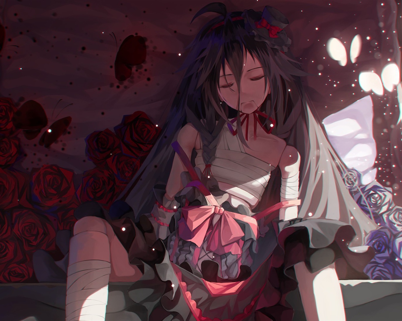 Грустный вокалоид среди роз