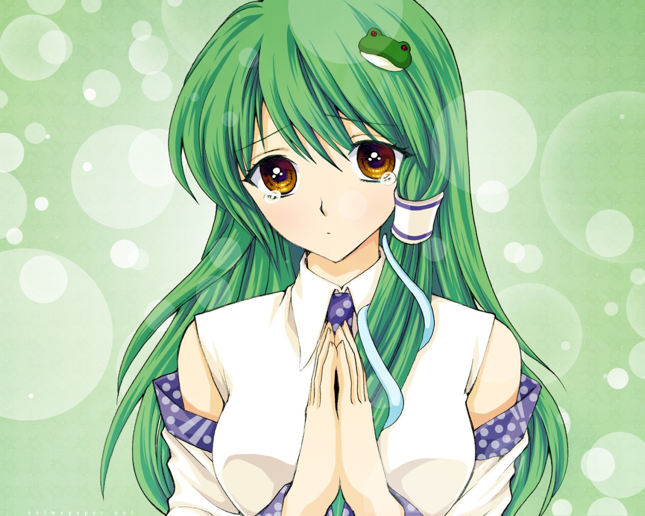 Зеленоволосая Санае Кочия, аниме девушка