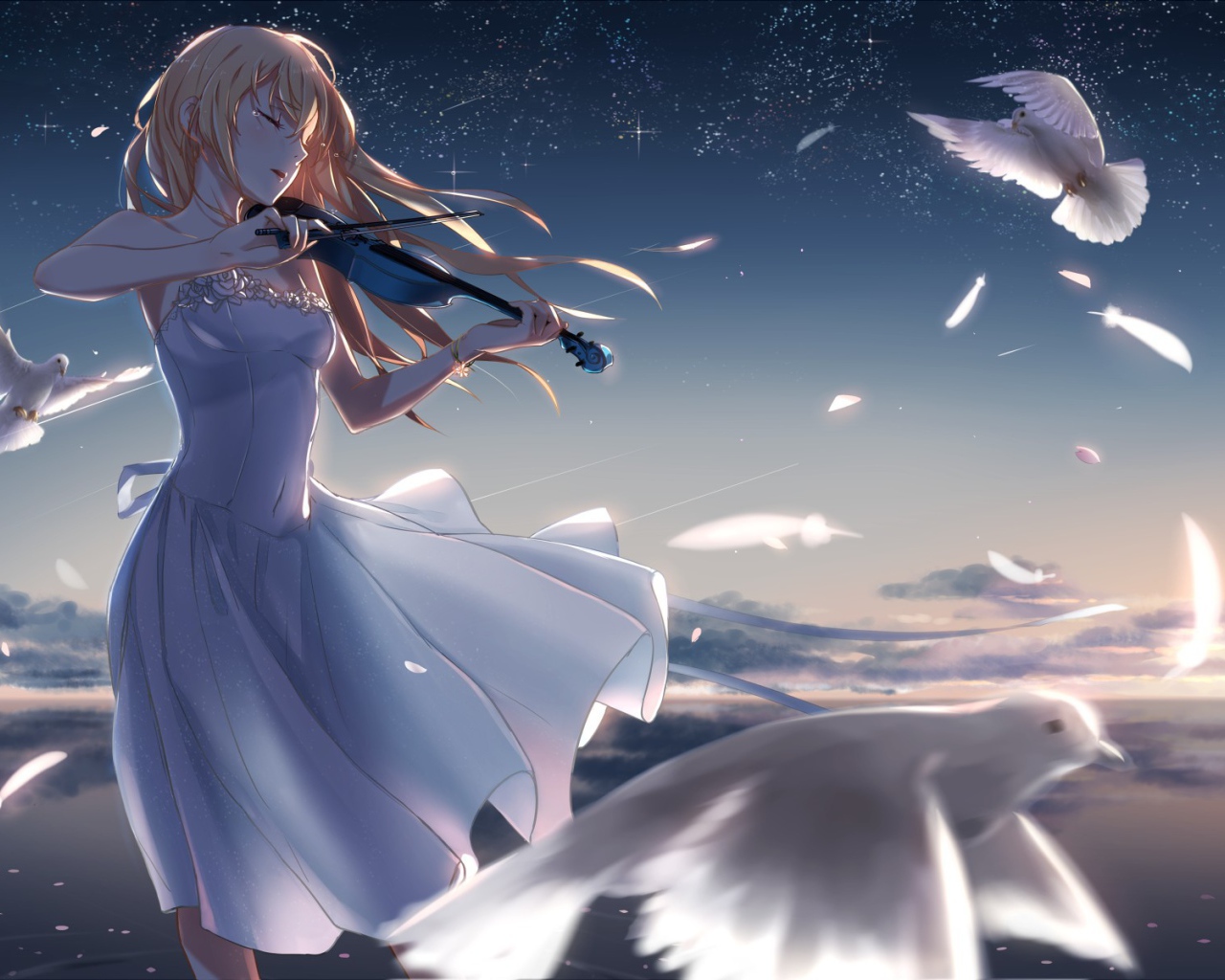 Девушка играет на скрипке среди голубей, аниме