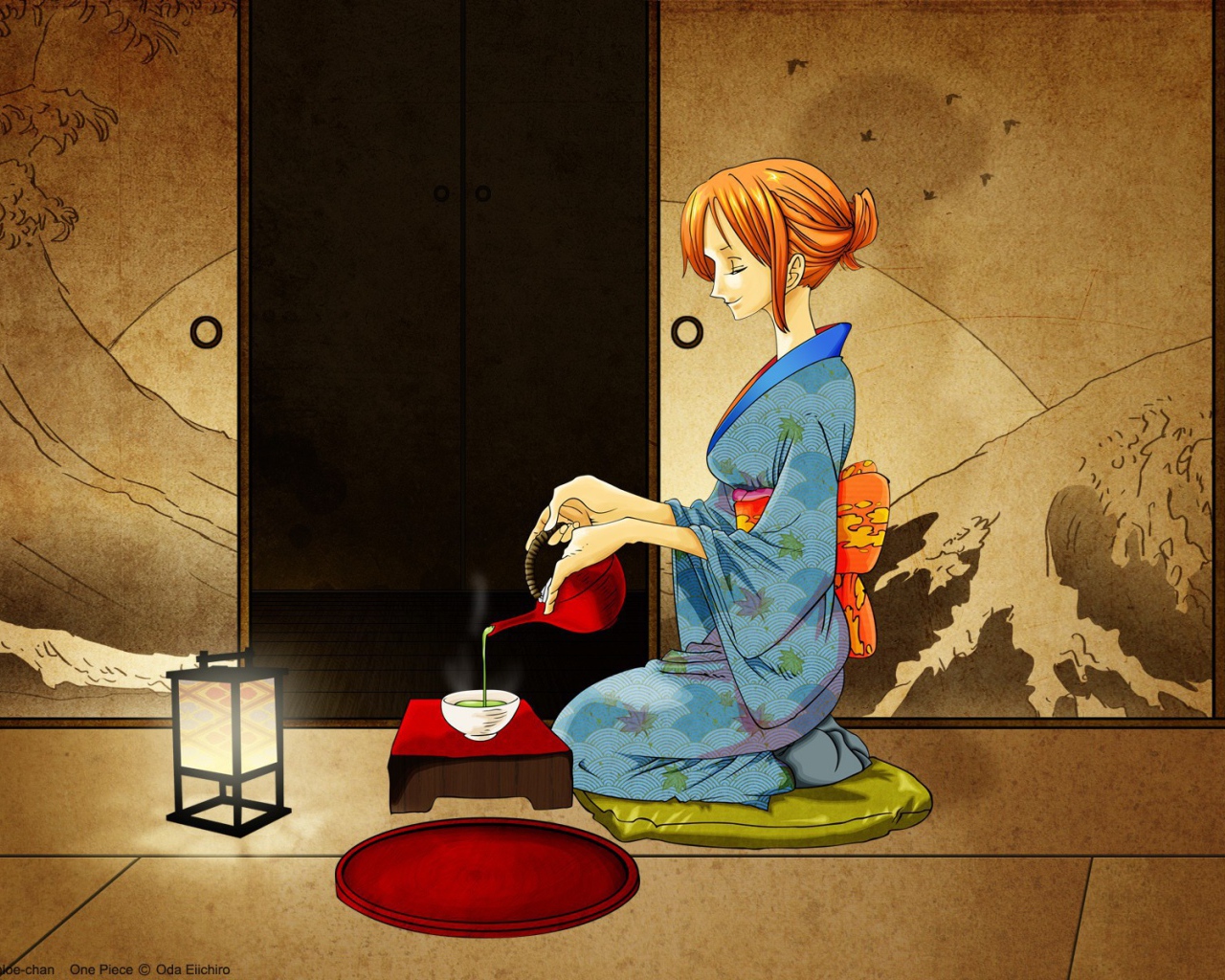 Девушка наливает чай в аниме Большой куш