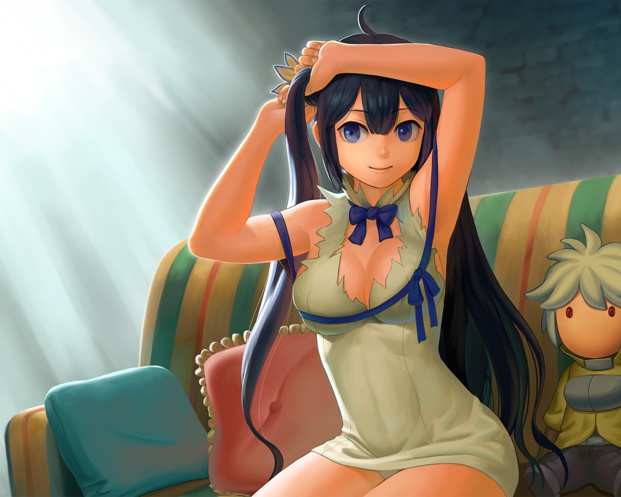 Девушка поправляет прическу, аниме Может, я встречу тебя в подземелье