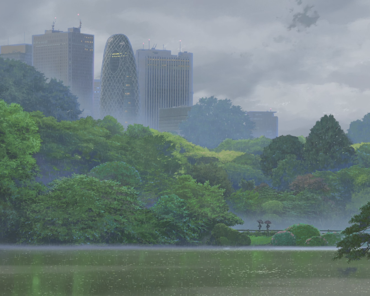 Небоскребы утопают в зелени, рисунок аниме