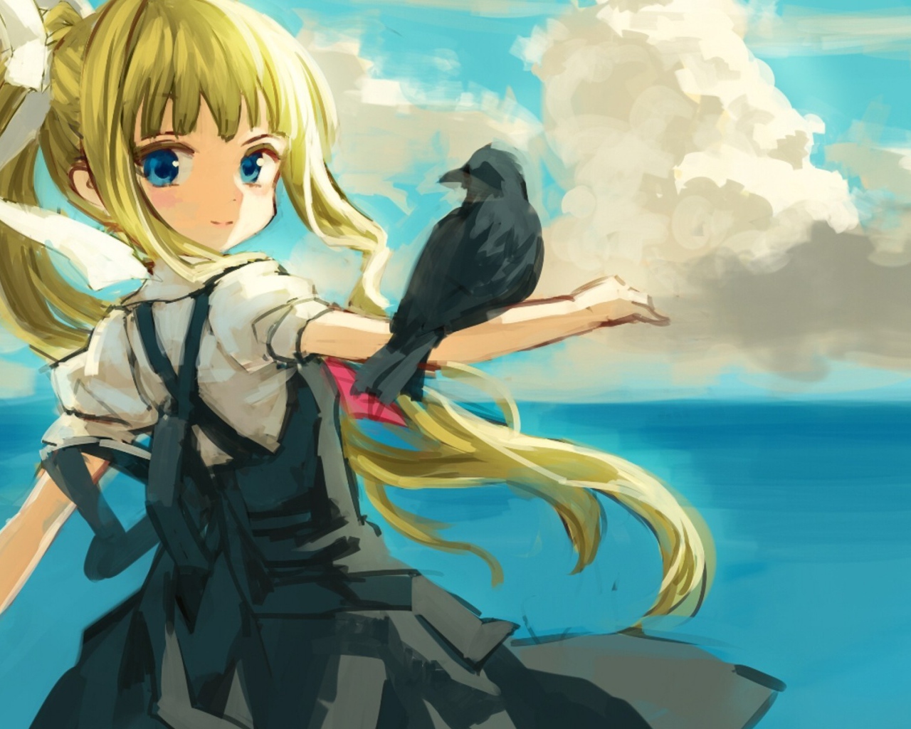 Птица на руке девушки в аниме Высь ТВ