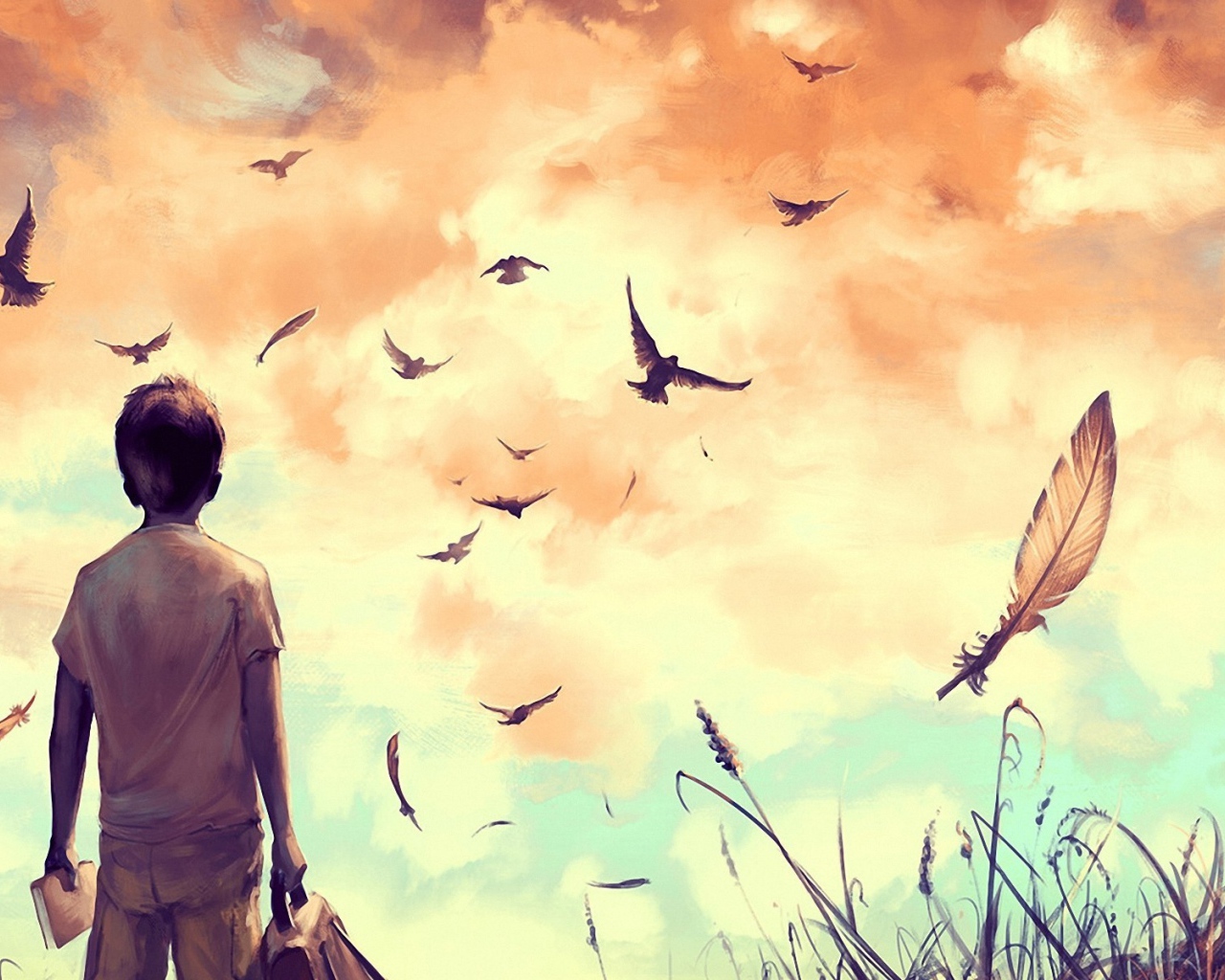 Мальчик смотрит на птиц