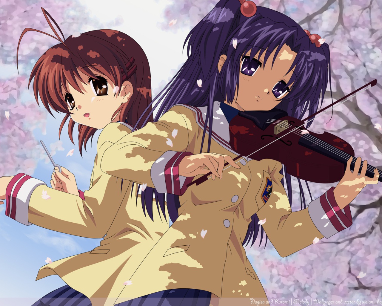 Дуэт играет на музыкальных инструментах, аниме Кланнад