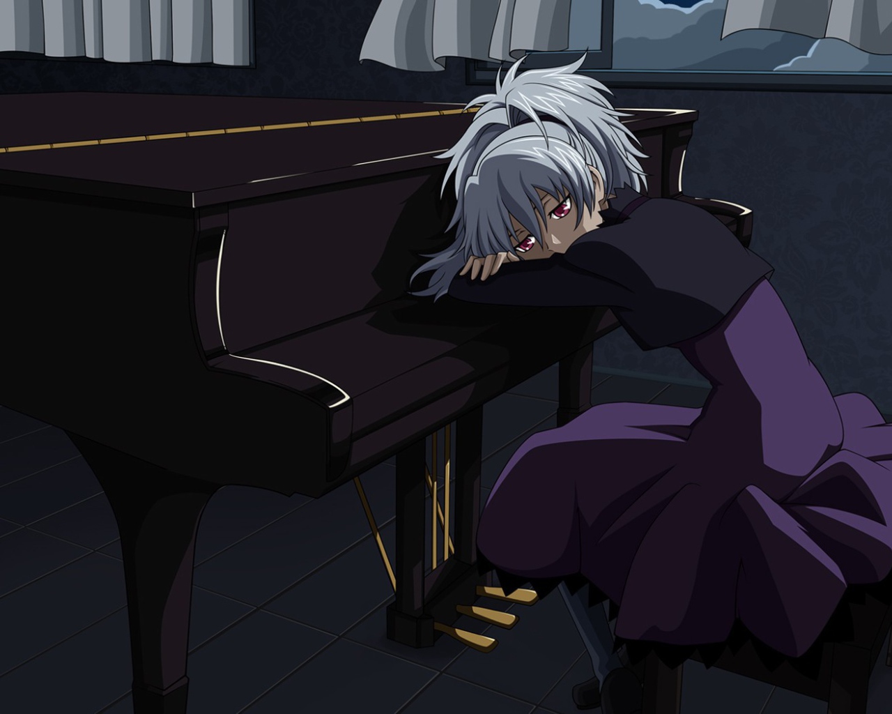 Девушка у рояля в аниме Темнее черного