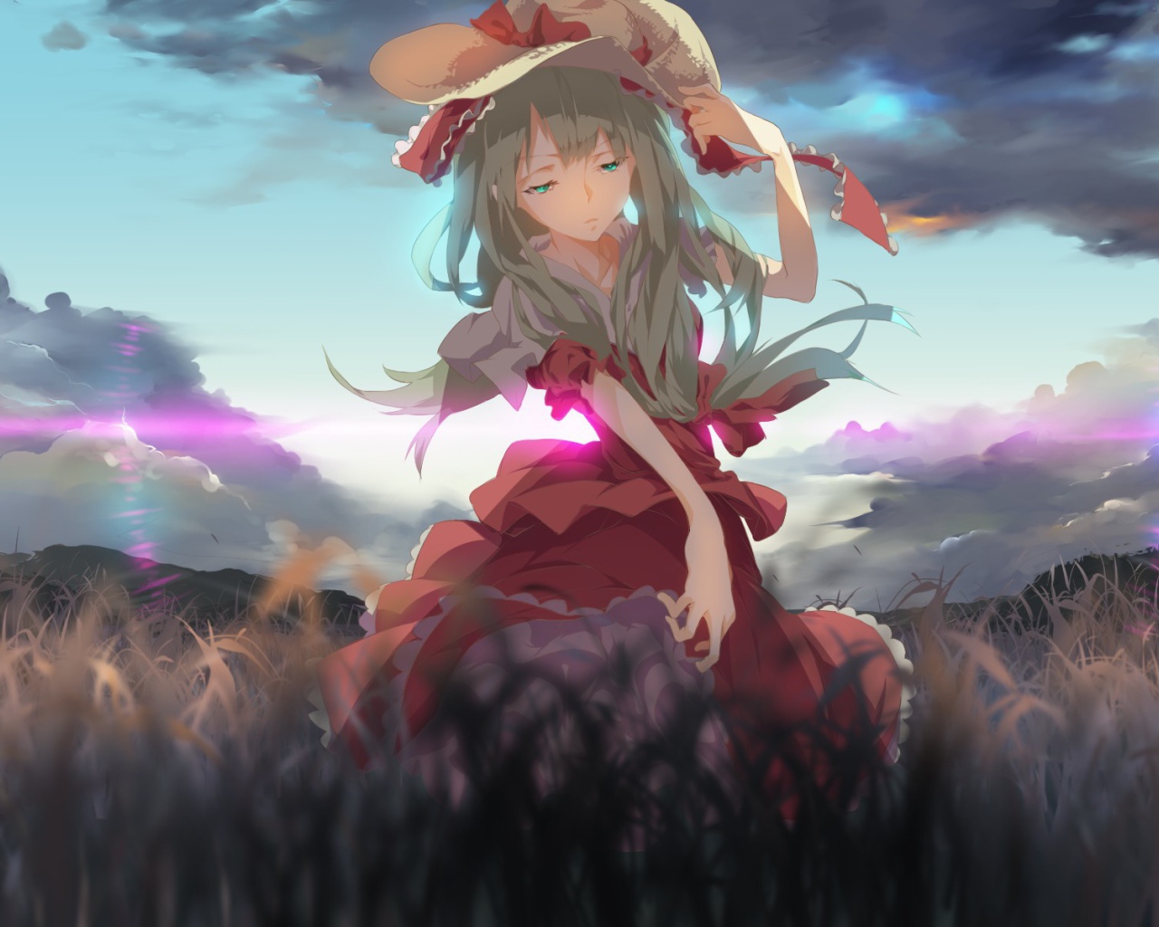 Девушка в шляпе идет по полю, аниме Kagiyama Hina