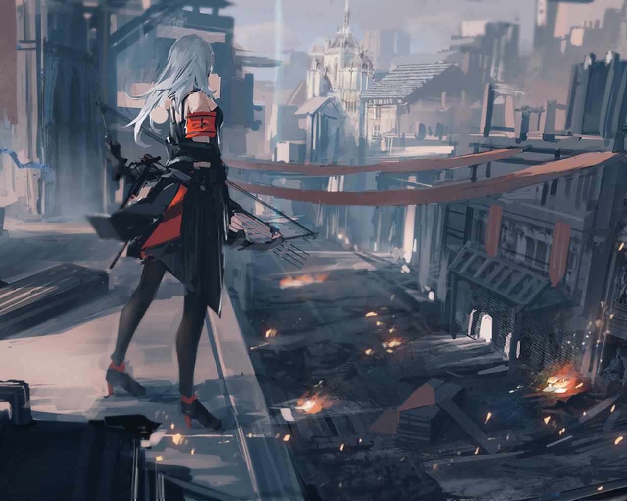 Девушка смотрит на город с высоты, аниме Pixiv Fantasia T