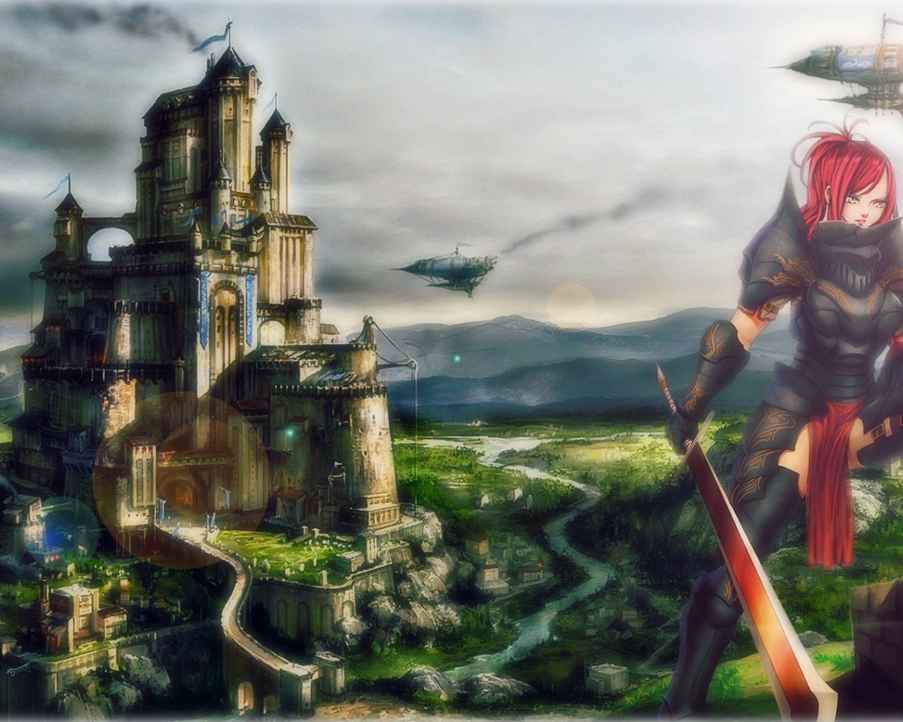 Девушка на фоне замка в аниме Сказка о хвосте феи