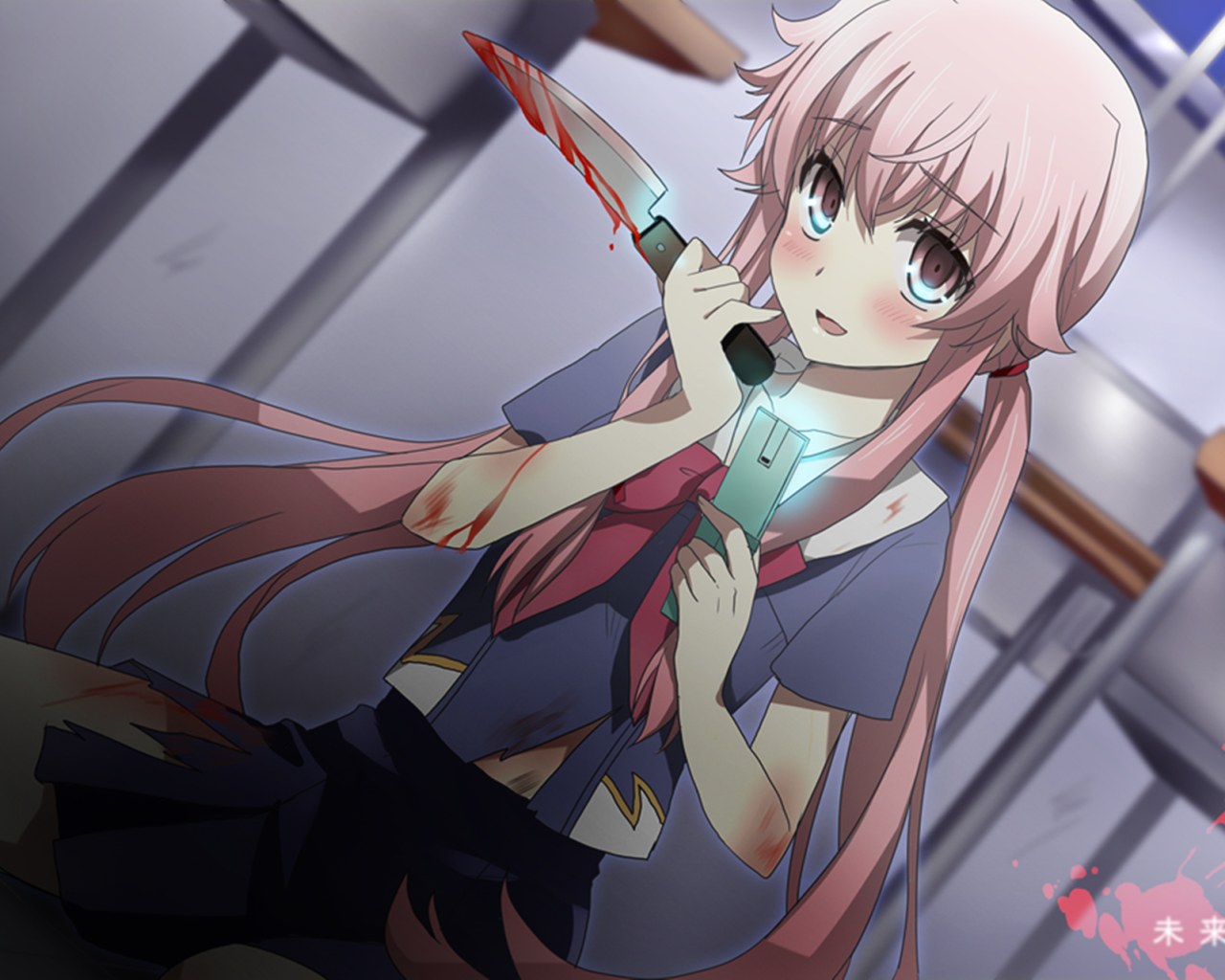 Девушка с окровавленным ножом в аниме Яндере