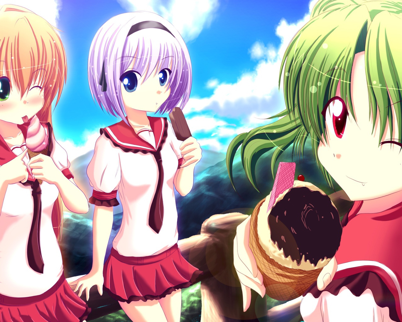 Девушки кушают мороженое в аниме Мост в звездное небо